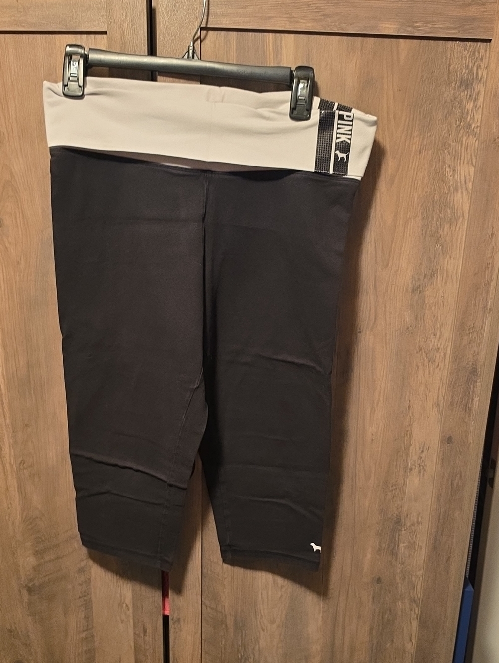 PINK Victoria's Secret Black Capri Leggings with Cream Fold-Over Waistband